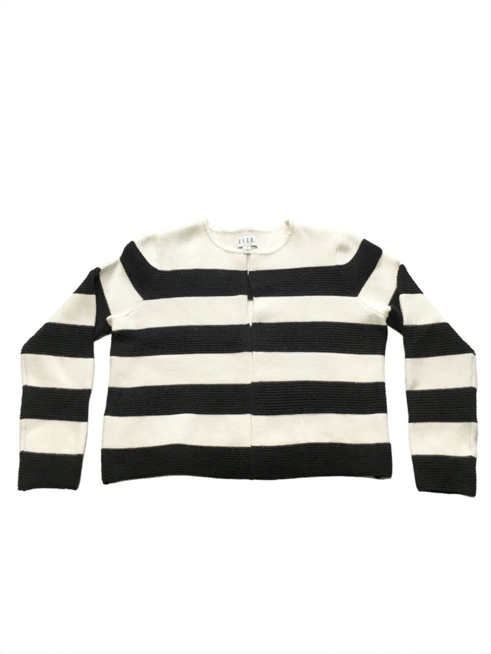 Elle Women's Black & White Striped Cardigan Sweater Size Large